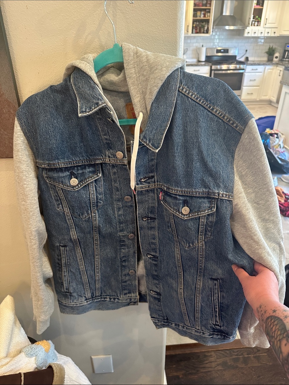 Levi's Blue Denim Jacket with Gray Hoodie Sleeves